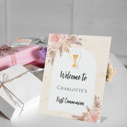 Eerste Communie roos gouden perzik welkom Reclamebord Met Voetstuk