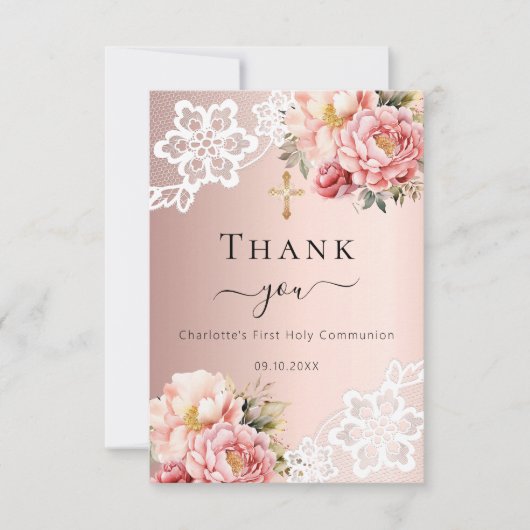 Eerste Communie roos gouden roze bloemenkant Bedankkaart (Voorkant)