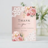 Eerste Communie roos gouden roze bloemenkant Bedankkaart (Staand voorkant)