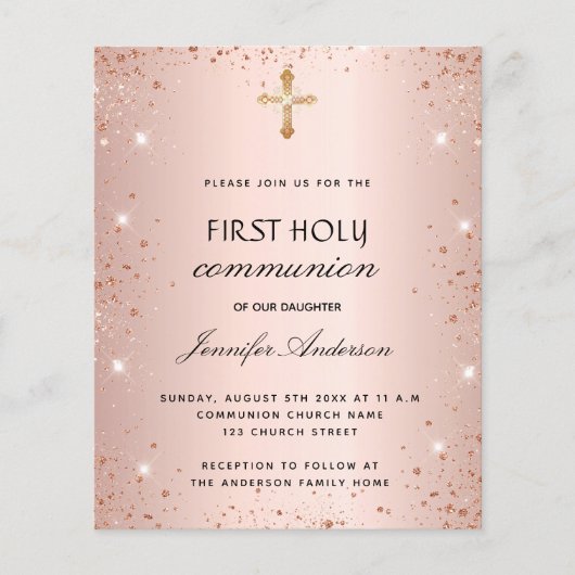 Eerste communie roos gouden uitnodiging (Voorkant)