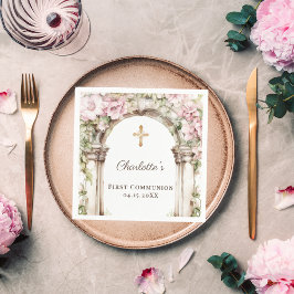 Eerste Communie Roze Bloemen Boog Kruis Lunch Servet
