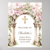 Eerste Communie Roze Bloemen Boog Kruis Welkom Poster (Voorkant)