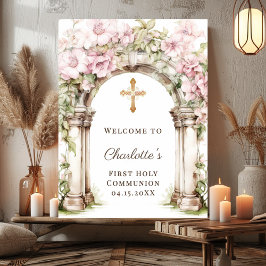 Eerste Communie Roze Bloemen Boog Kruis Welkom Poster