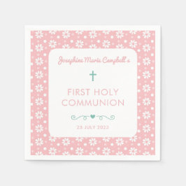 Eerste Communie Roze Bloemen Meisje Religieus Doop Servet