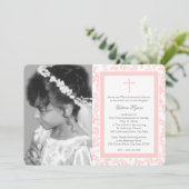 Eerste Communie Roze Bloemen Met Foto Kaart (Staand voorkant)