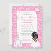 Eerste Communie Roze Bloemen Zwart Haar Huid Meisj Kaart (Voorkant)