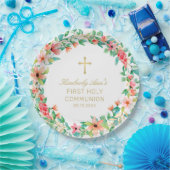 Eerste Communie Roze Bloemenkrans Gouden Kruisnaam Papieren Bordje (Feest)