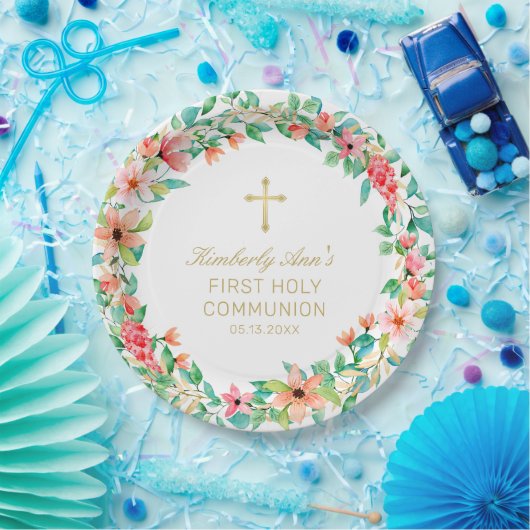 Eerste Communie Roze Bloemenkrans Gouden Kruisnaam Papieren Bordje (Feest)