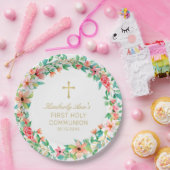 Eerste Communie Roze Bloemenkrans Gouden Kruisnaam Papieren Bordje (Feest)