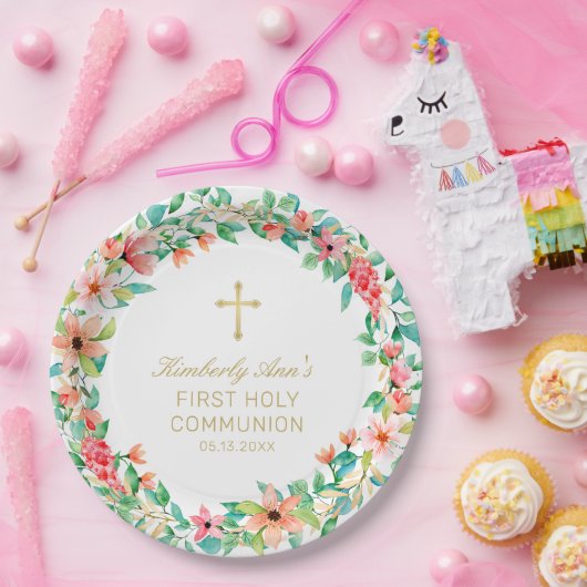 Eerste Communie Roze Bloemenkrans Gouden Kruisnaam Papieren Bordje (Feest)