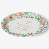 Eerste Communie Roze Bloemenkrans Gouden Kruisnaam Papieren Bordje (Gekanteld)