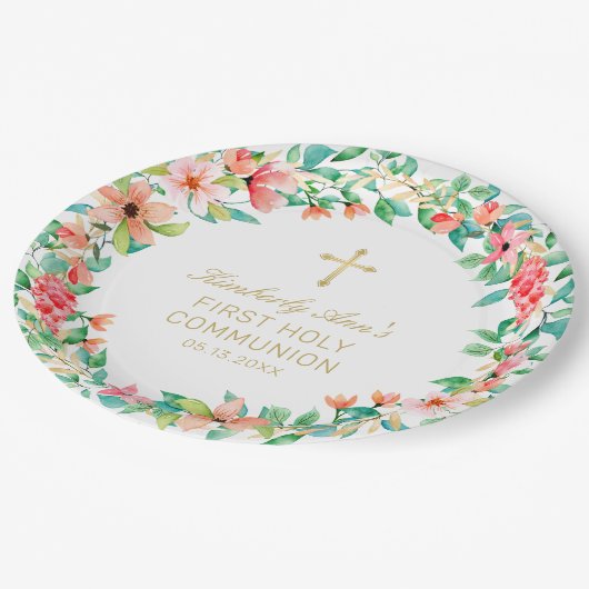 Eerste Communie Roze Bloemenkrans Gouden Kruisnaam Papieren Bordje (Gekanteld)