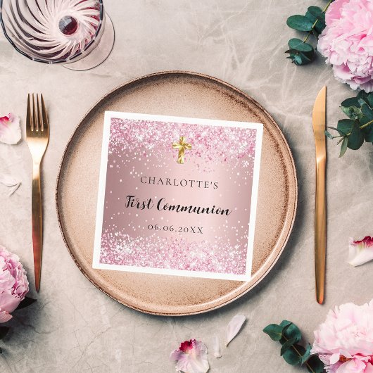 Eerste Communie roze confetti naam meisje Servet