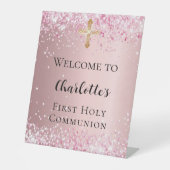 Eerste Communie roze confetti welkom Reclamebord Met Voetstuk (Voorkant)