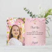 Eerste Communie roze foto dank u kaart (Staand voorkant)