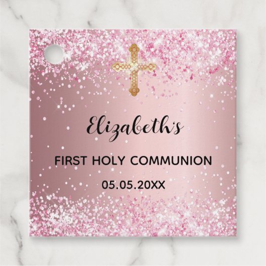 Eerste communie roze glitter dank je kruis bedankjes labels (Voorkant)