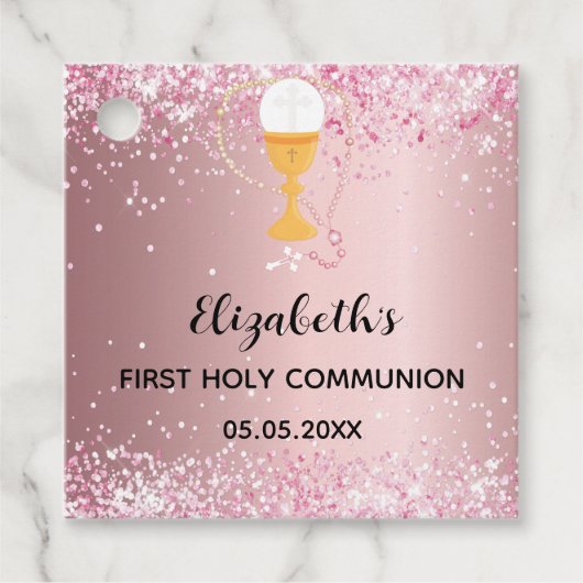 Eerste communie roze glitters bedankt bedankjes labels (Voorkant)
