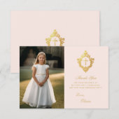 Eerste Communie Roze Goud Elegant Meisje Fotokam Bedankkaart (Voorkant / Achterkant)