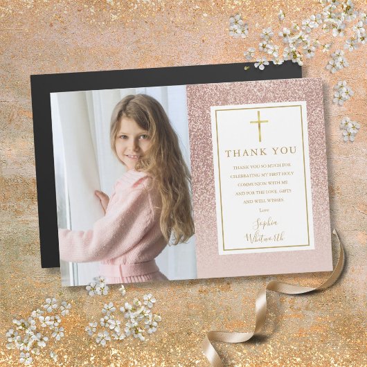 Eerste Communie Roze Goud Glitter Foto Bedankt