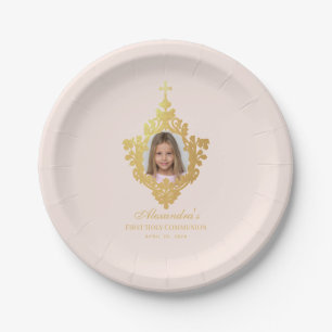 Eerste Communie Roze Goud Meisje Foto Vintage Wape Papieren Bordje