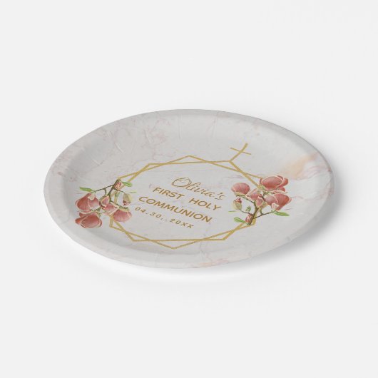 Eerste Communie Roze Magnolia Marmeren Gouden Bloe Papieren Bordje (Gekanteld)
