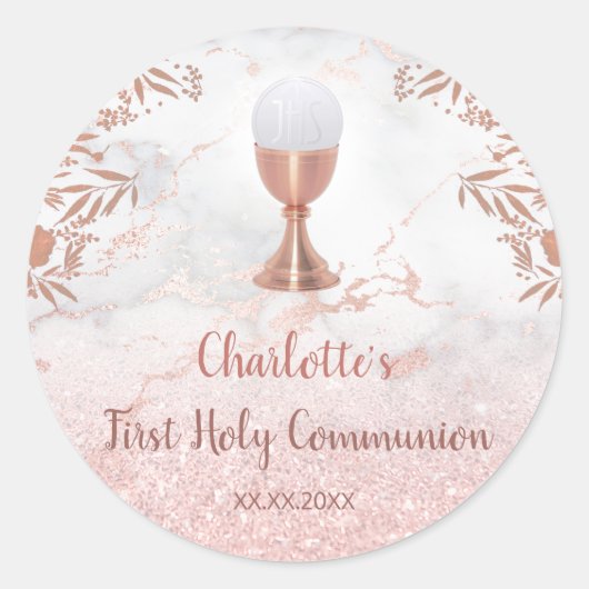 Eerste Communie roze marmeren decor Ronde Sticker (Voorkant)