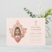 Eerste Communie Roze Meisje Foto  Roos Goud Kaart (Staand voorkant)