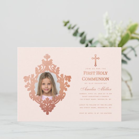 Eerste Communie Roze Meisje Foto  Roos Goud Kaart (Staand voorkant)