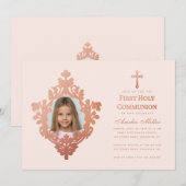 Eerste Communie Roze Meisje Foto  Roos Goud Kaart (Voorkant / Achterkant)