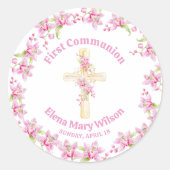 Eerste Communie roze orchidee aquarel Ronde Sticker (Voorkant)