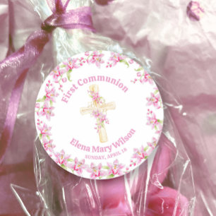 Eerste Communie roze orchidee aquarel Ronde Sticker