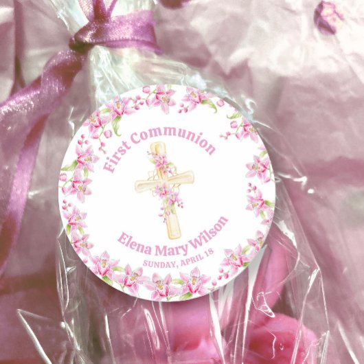 Eerste Communie roze orchidee aquarel Ronde Sticker