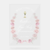 Eerste Communie roze pioenen welkom Acryl Bord (Voorkant)