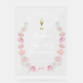 Eerste Communie roze pioenen welkom Acryl Bord