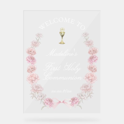 Eerste Communie roze pioenen welkom Acryl Bord (Voorkant)