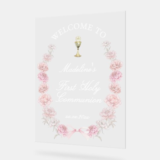 Eerste Communie roze pioenen welkom Acryl Bord (Hoek)