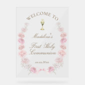 Eerste Communie roze pioenrozen welkom Acryl Bord (Voorkant)