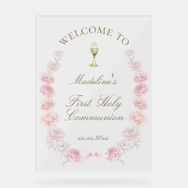Eerste Communie roze pioenrozen welkom Acryl Bord