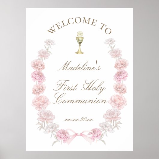 Eerste Communie roze pioenrozen welkom Poster (Voorkant)