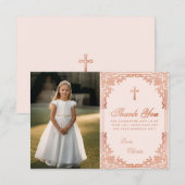 Eerste Communie  Roze Roos Goud Meisje Foto Bedankkaart (Voorkant / Achterkant)