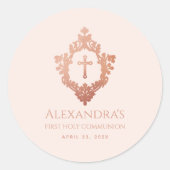 Eerste Communie Roze Roos Gouden Kreet Elegant Mei Ronde Sticker (Voorkant)