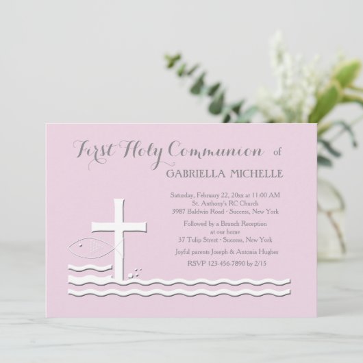 Eerste communie roze uitnodiging (Staand voorkant)
