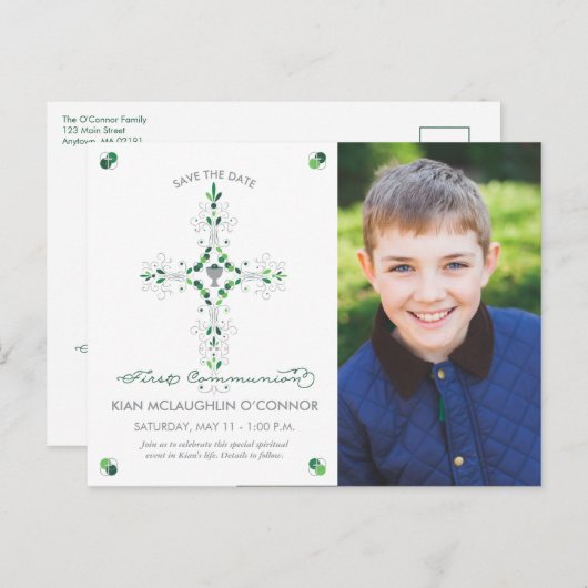 Eerste communie Save the Date Briefkaart, jongen,  Aankondigingskaart (Voorkant / Achterkant)