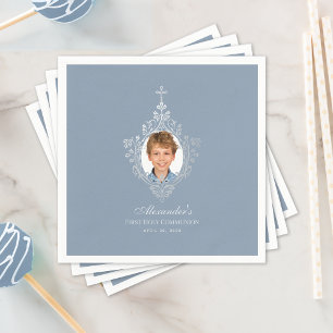 Eerste Communie Stof Blauw Elegante Jongen Foto Servet
