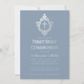 Eerste Communie Stoffig Blauw Elegant Crest Cross  Kaart (Voorkant)