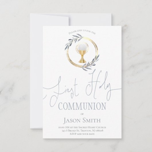 Eerste communie stoffige blauwe en faux gouden cir kaart (Voorkant)