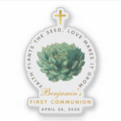 Eerste Communie Succulent Faux Gold Cross Script Sticker (Voorkant)