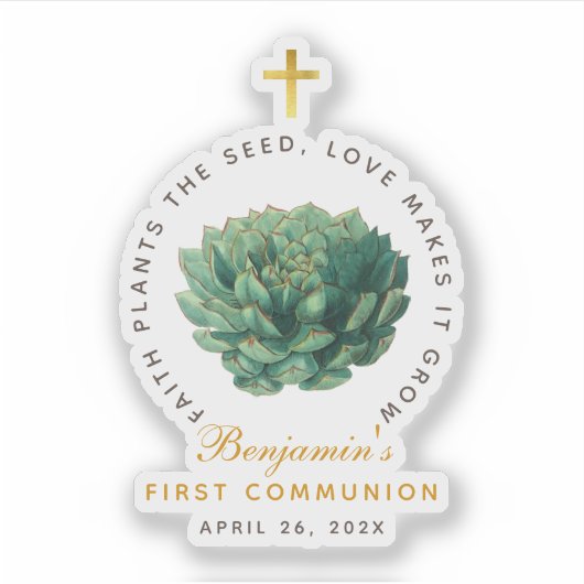 Eerste Communie Succulent Faux Gold Cross Script Sticker (Voorkant)