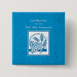 Eerste Communie, Tarwe, Blauwe Druiven Vierkante Button 5,1 Cm