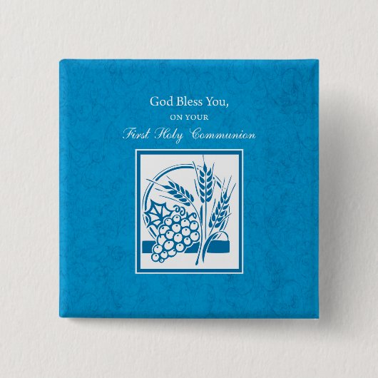 Eerste Communie, Tarwe, Blauwe Druiven Vierkante Button 5,1 Cm (Voorkant)